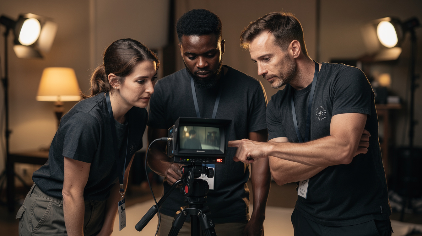 Small production crew reviewing footage together on a monitor on set