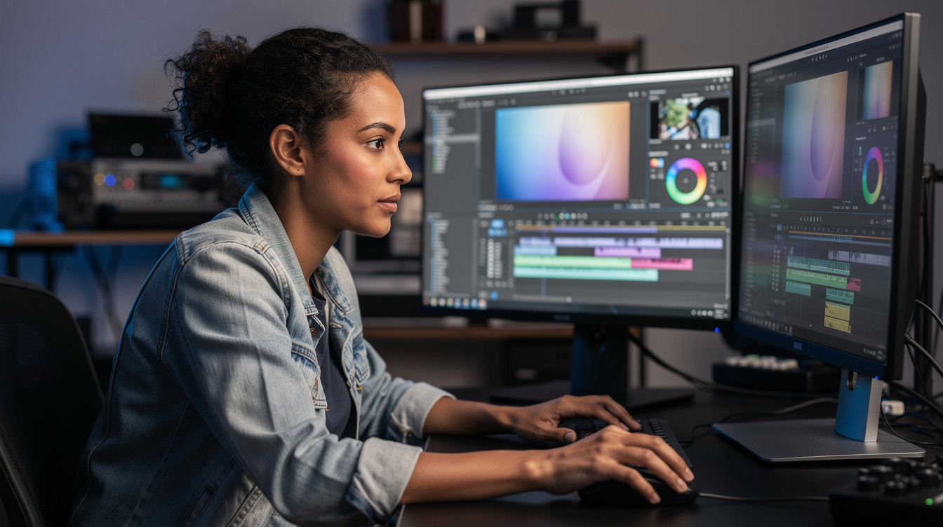 Video editor working at a multi monitor workstation