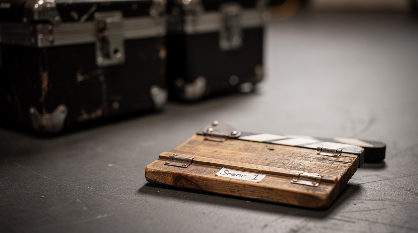 Clapperboard resting on a film set floor