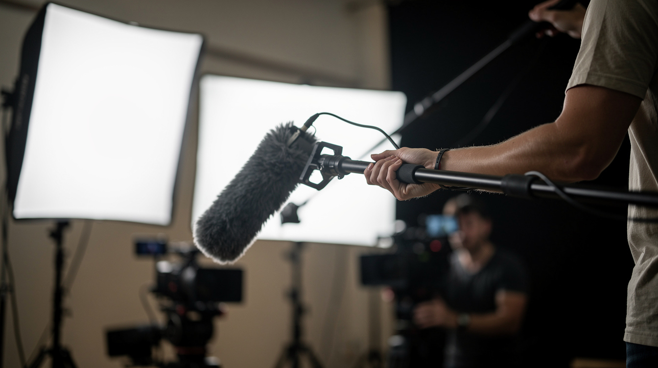 Sound technician holding a boom microphone on set