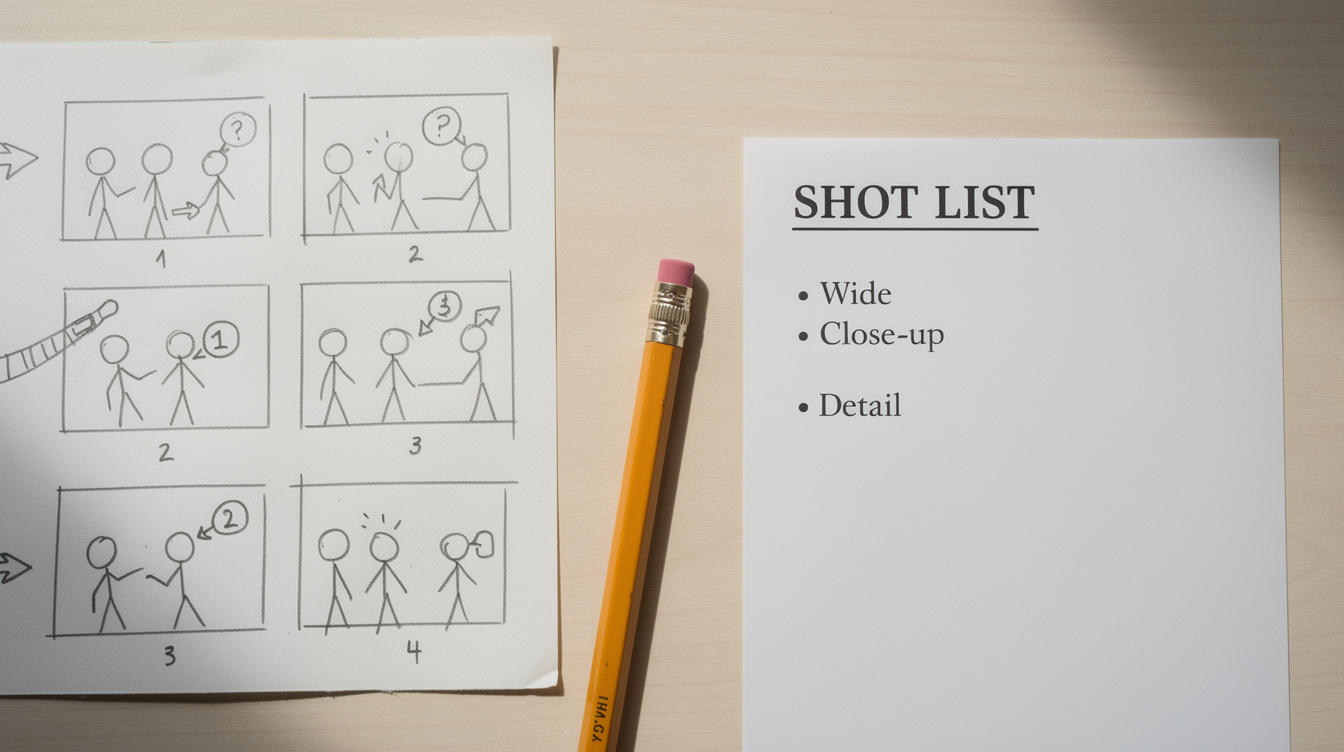 Close-up of storyboard sketches and a shot list on a desk