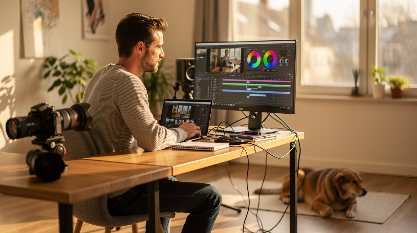 Video director working at a studio desk with camera gear and a dog nearby