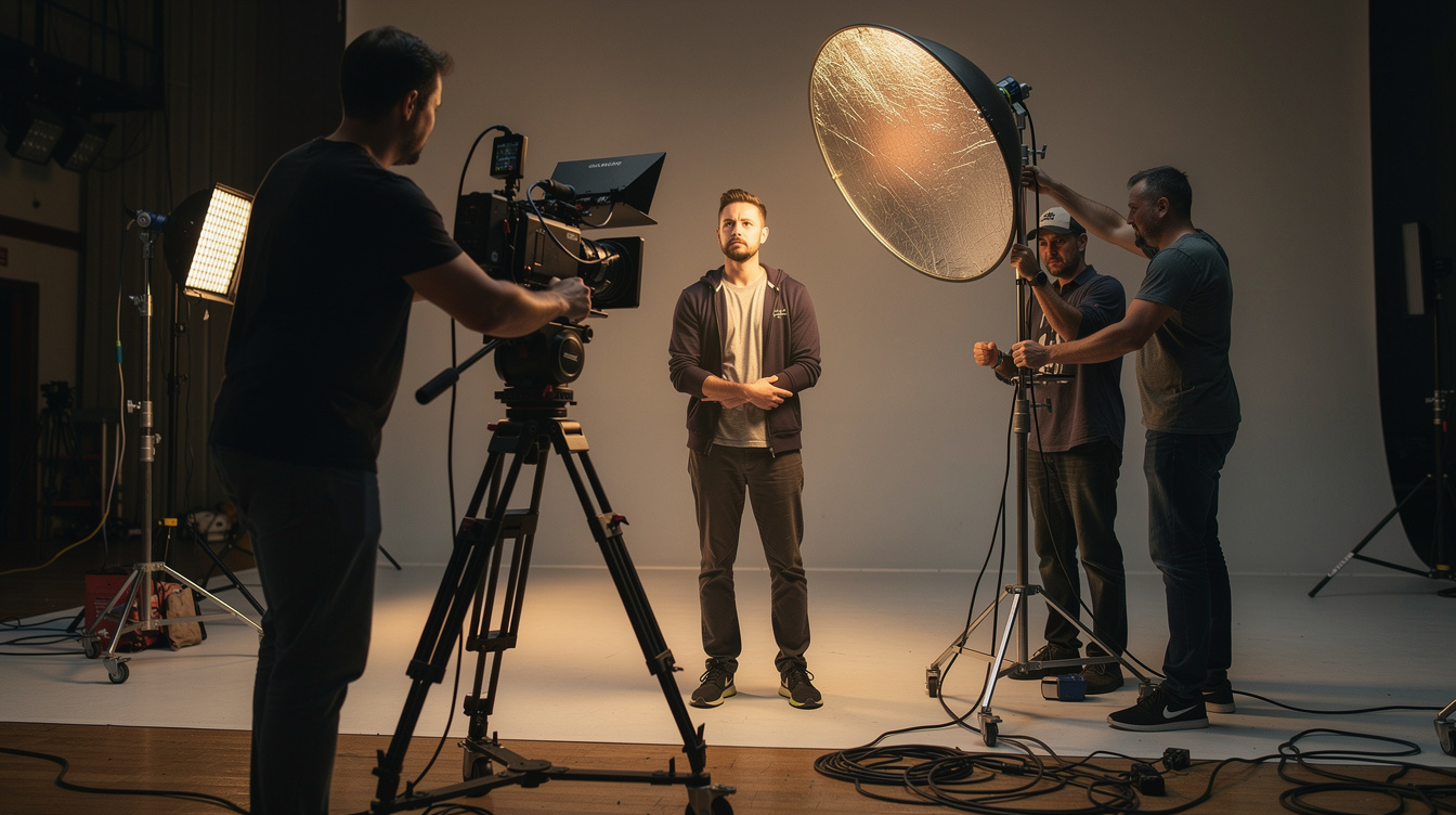 Behind the scenes photo of a crew setting up a shot