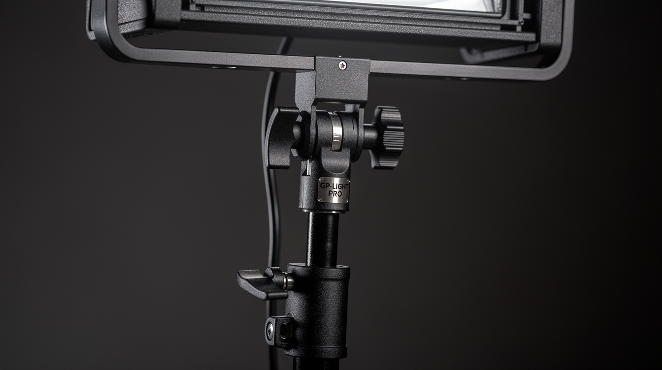 Close-up of a studio lighting rig with softboxes and stands