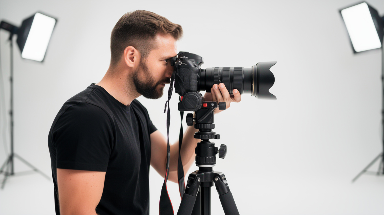 Camera operator framing a shot with a tripod-mounted camera