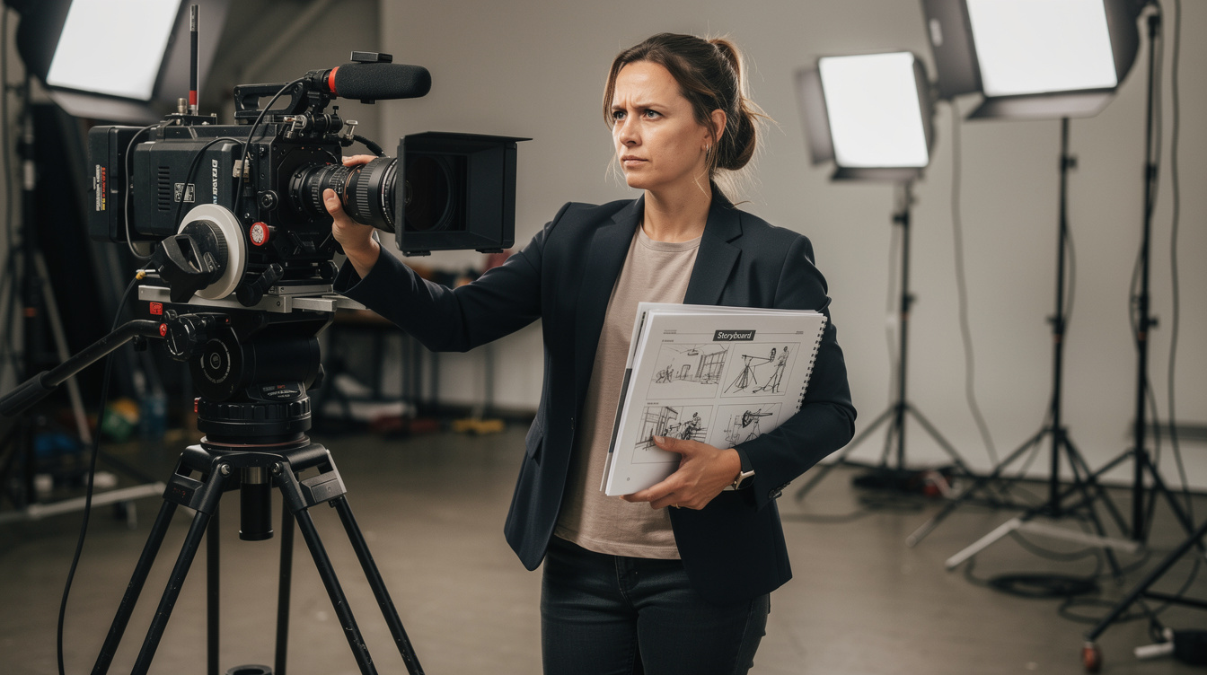 Director reviewing a storyboard next to a camera on set