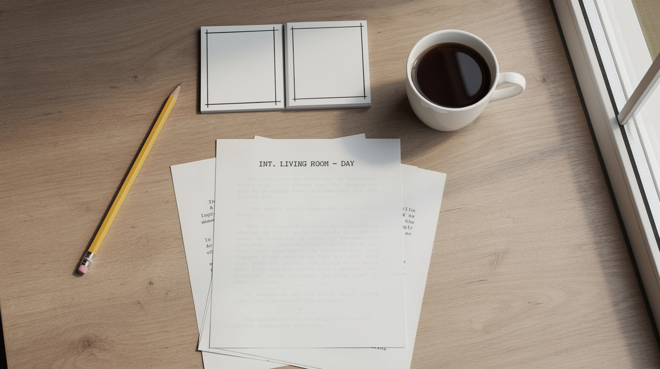 Screenwriter reviewing script pages and notes on a desk