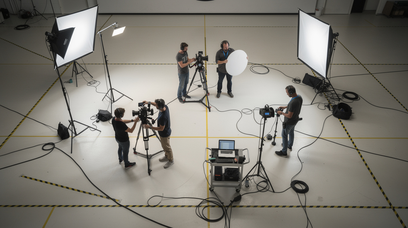 Aerial view of a film set with crew and equipment arranged around a scene