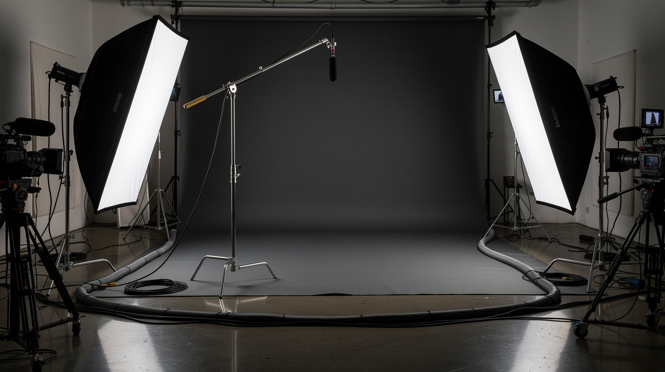 Video production studio set with softbox lighting ready for filming