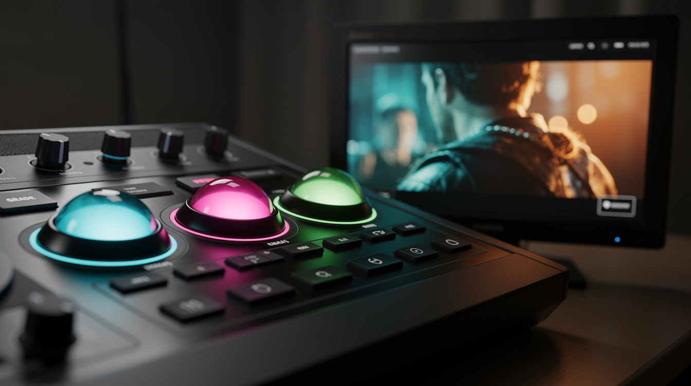 Color grading control panel and monitor showing a graded video frame