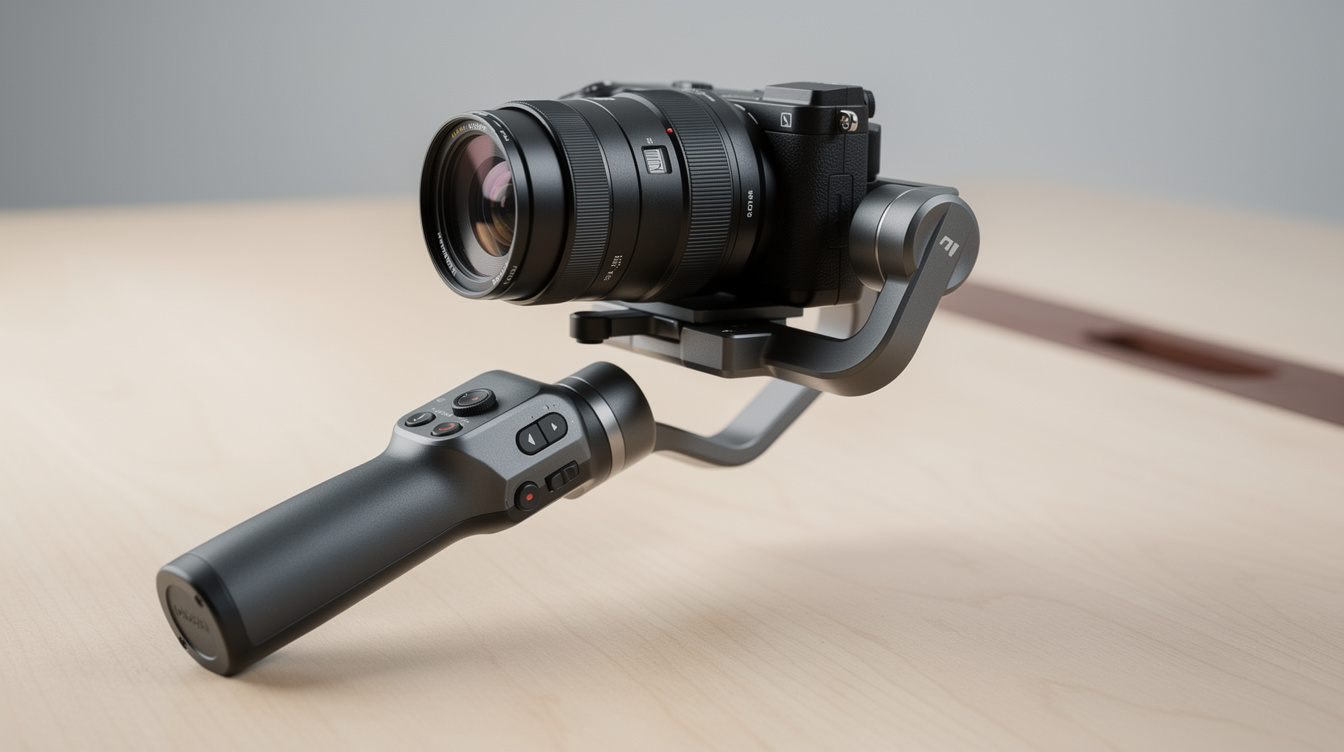 Professional camera stabilizer gimbal on a wooden table